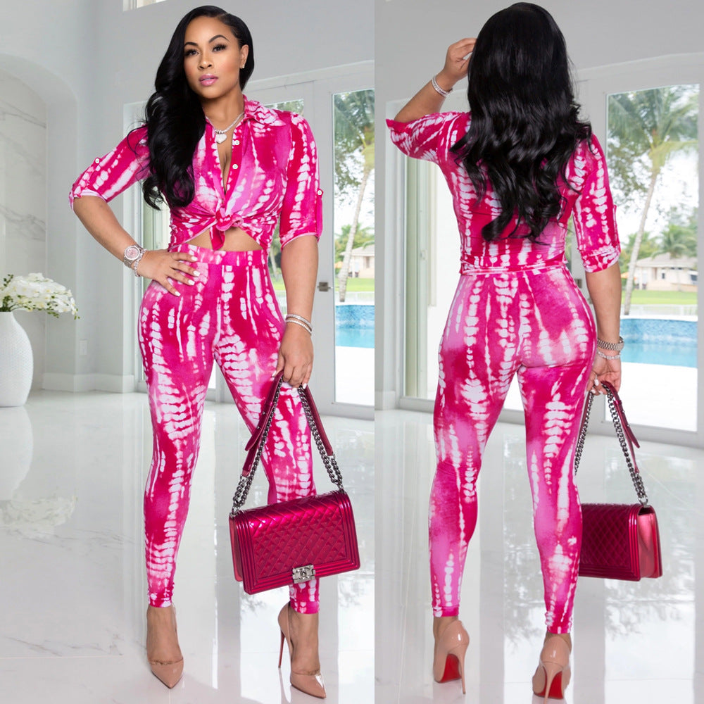 Women printed Turndown Collar shirt and Pants Two-piece Set 13