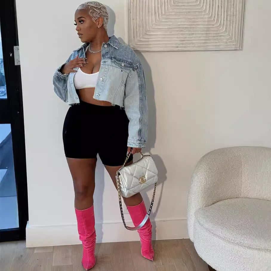 Women Casual Color Block Single Breasted Long Sleeve Denim Jacket 4