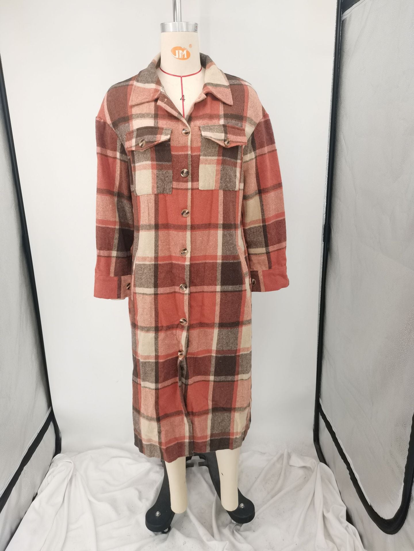 Women Autumn and Winter Loose Plaid Long Shirt Coat 11