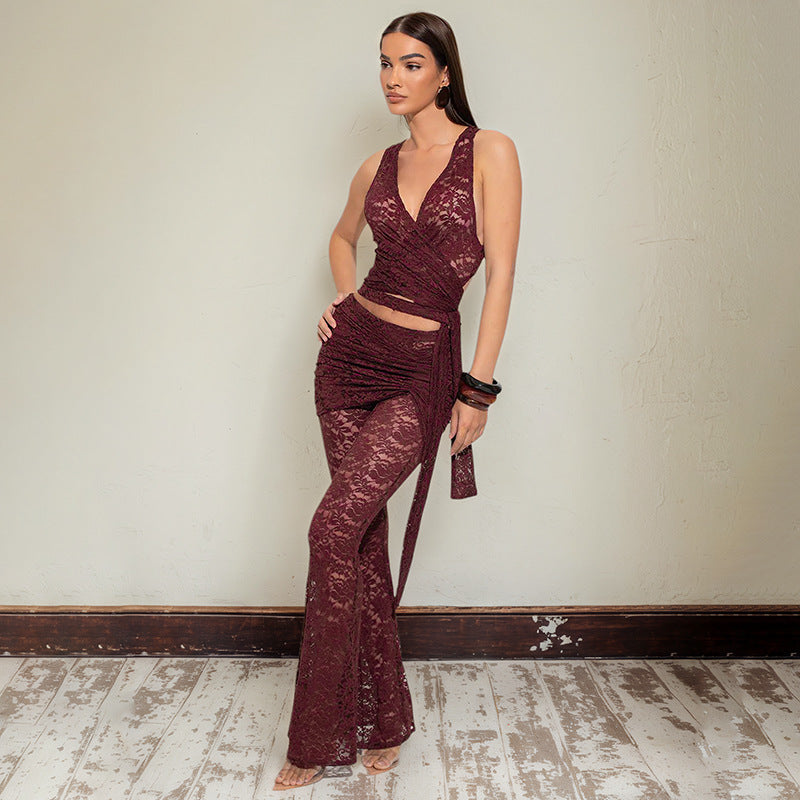 Women Hollow V Neck Crop Top Wrap Skirt with Pleated Bell Bottom Pants Two Piece Set 3