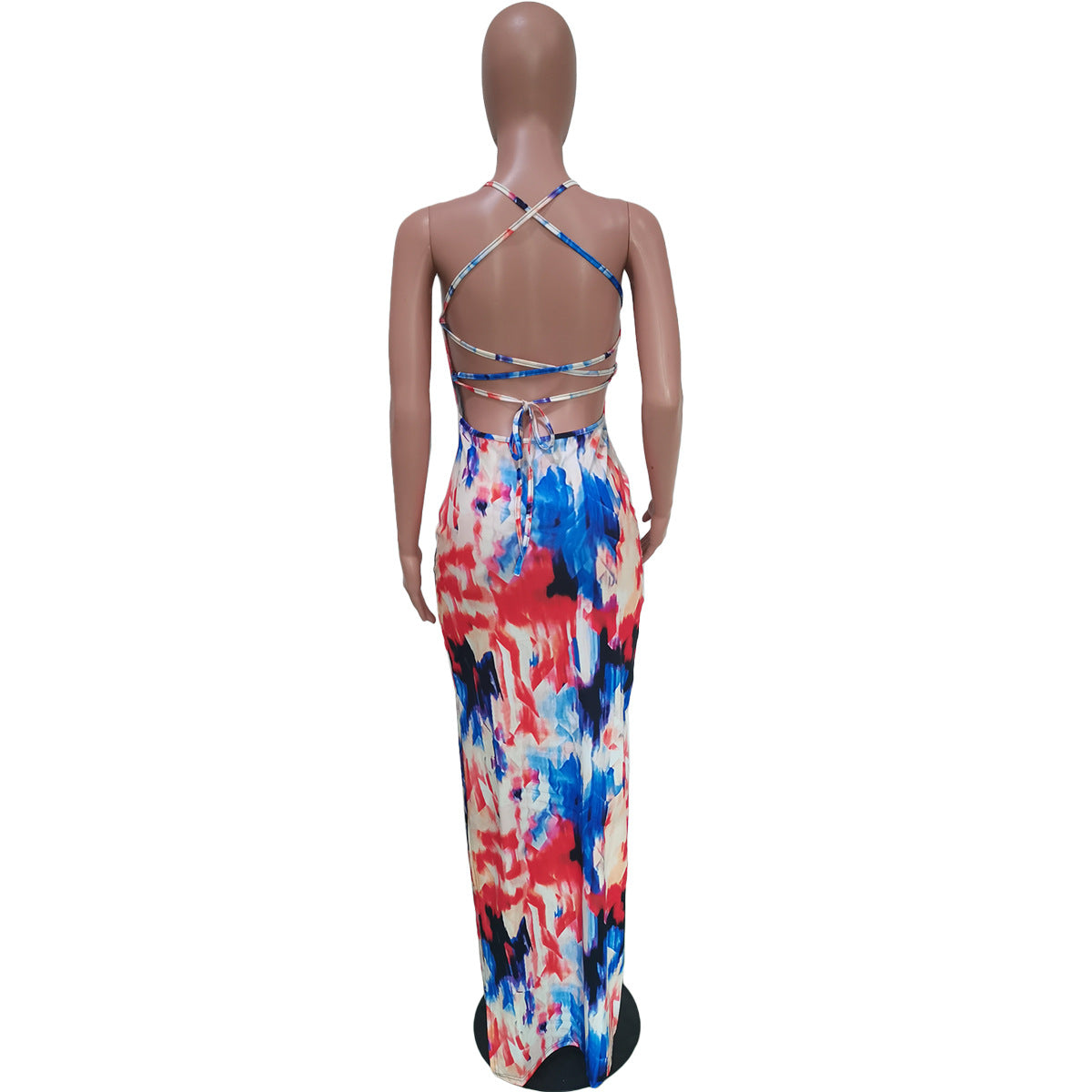 Women's Tie Dye Print Sling Low Back Slit Dress 15