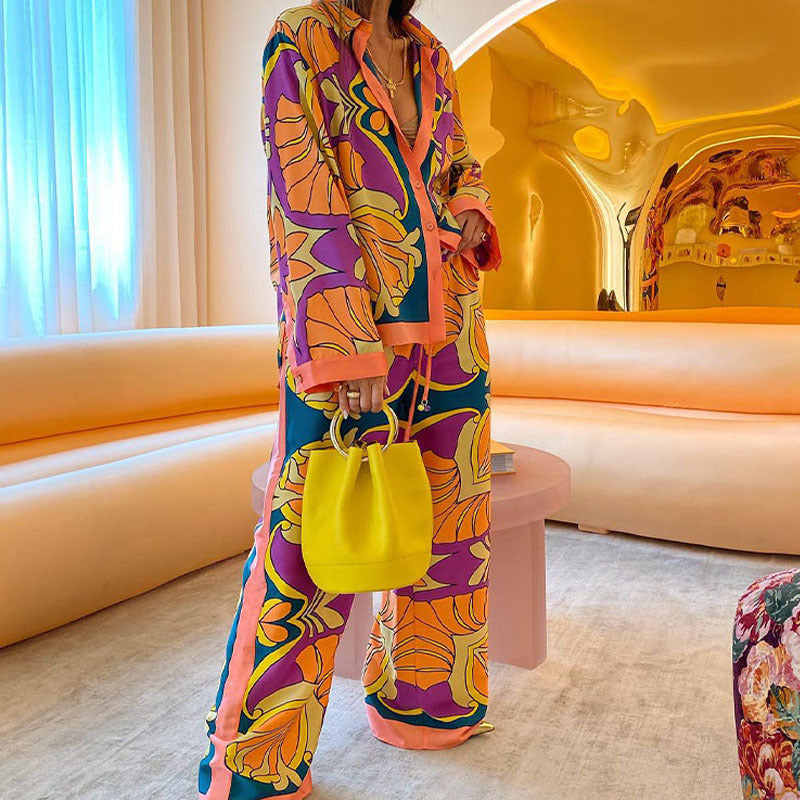 Women's Summer Loose Printed Long Sleeve Shirt Ethnic Pants Casual Fashion Set