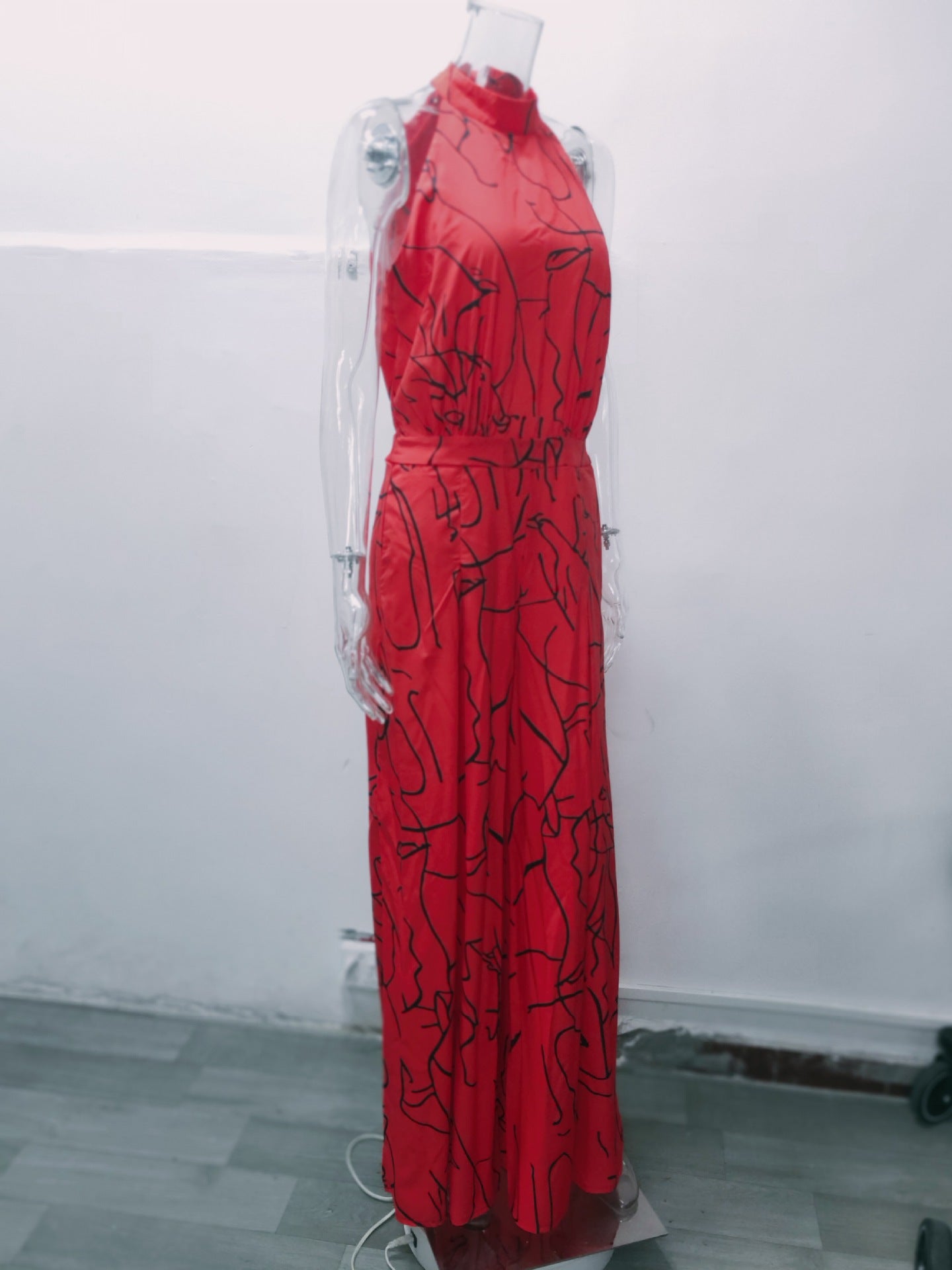 Summer Women Elegant Lace-Up Sleeveless Halter Neck Print Jumpsuit 41