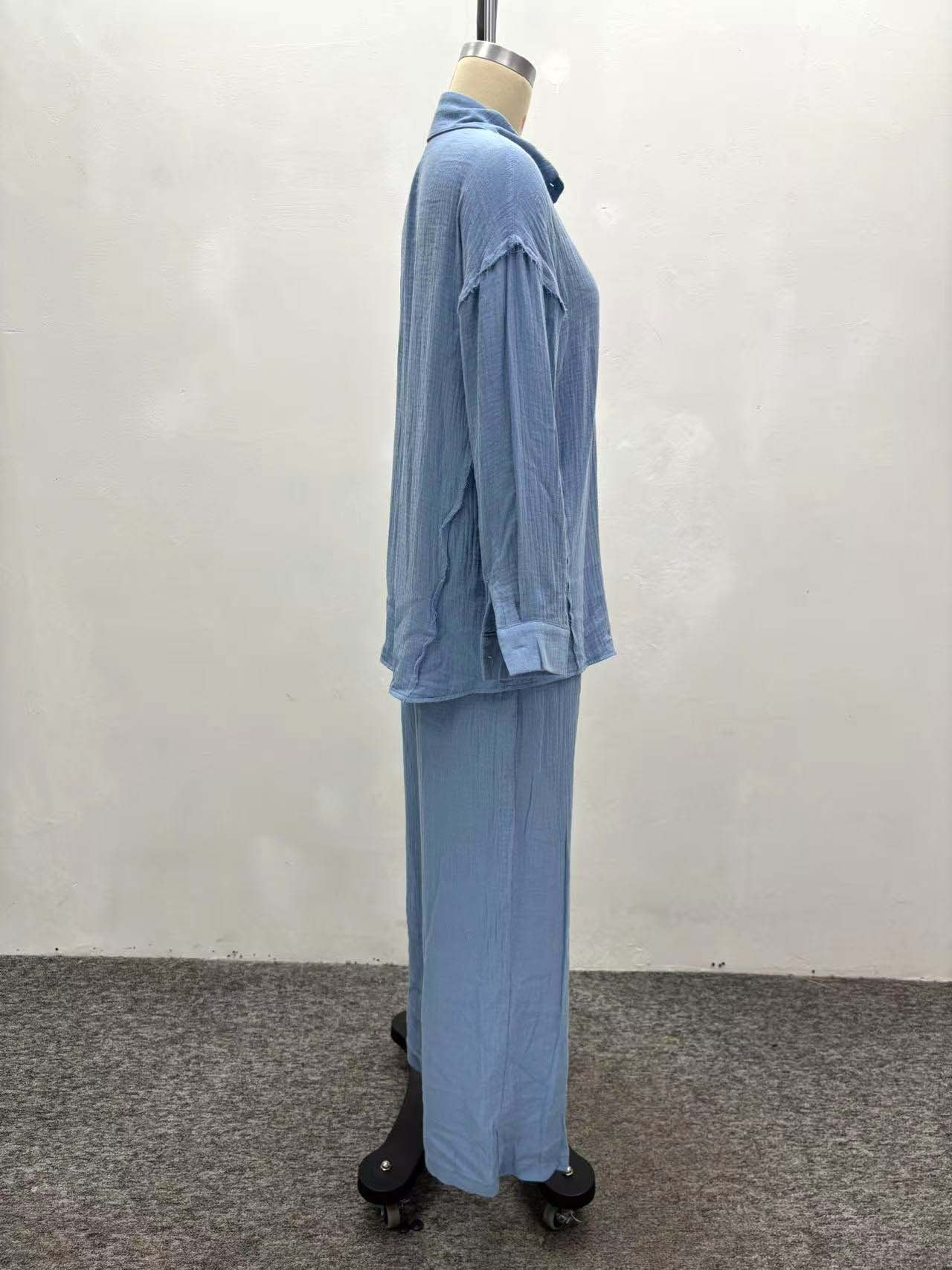 Women Turndown Collar Long-Sleeved Shirt and Pants Two-Piece Set 10