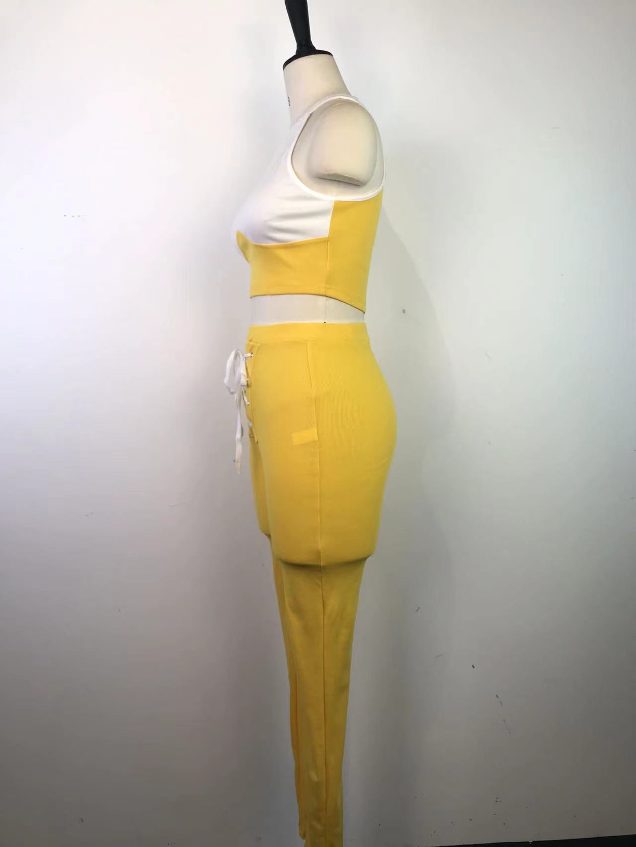 Women's Sexy Ribbed Suit Round Neck Tank Top Pencil Pants Lace-Up Two Piece Summer Set 17