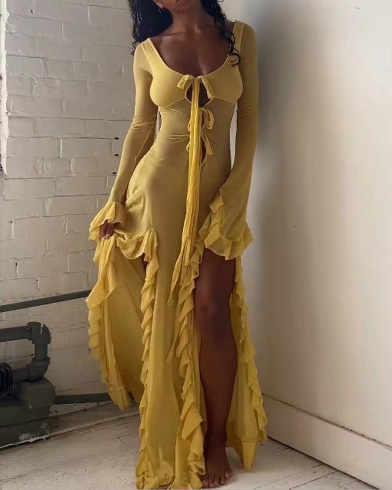 Women Sexy See-Through Long Sleeve Ruffle Slit Dress