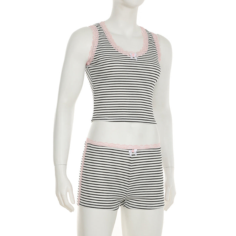 Casual Lace Patchwork Striped U-Neck Vest Low Waist Shorts Women's Two Piece Set 7