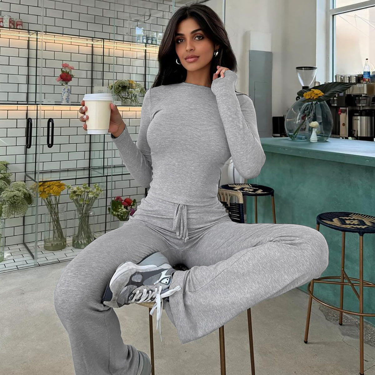 Women Autumn and Winter Crop Long Sleeve Top Lace Bell Bottom PantTwo Piece Set