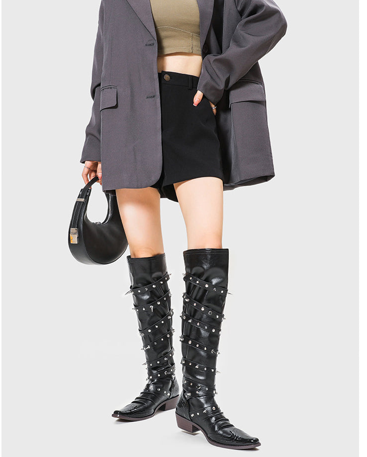 Punk Gothic Wide-Tube Leather Pointed Rivet Long Boots 4
