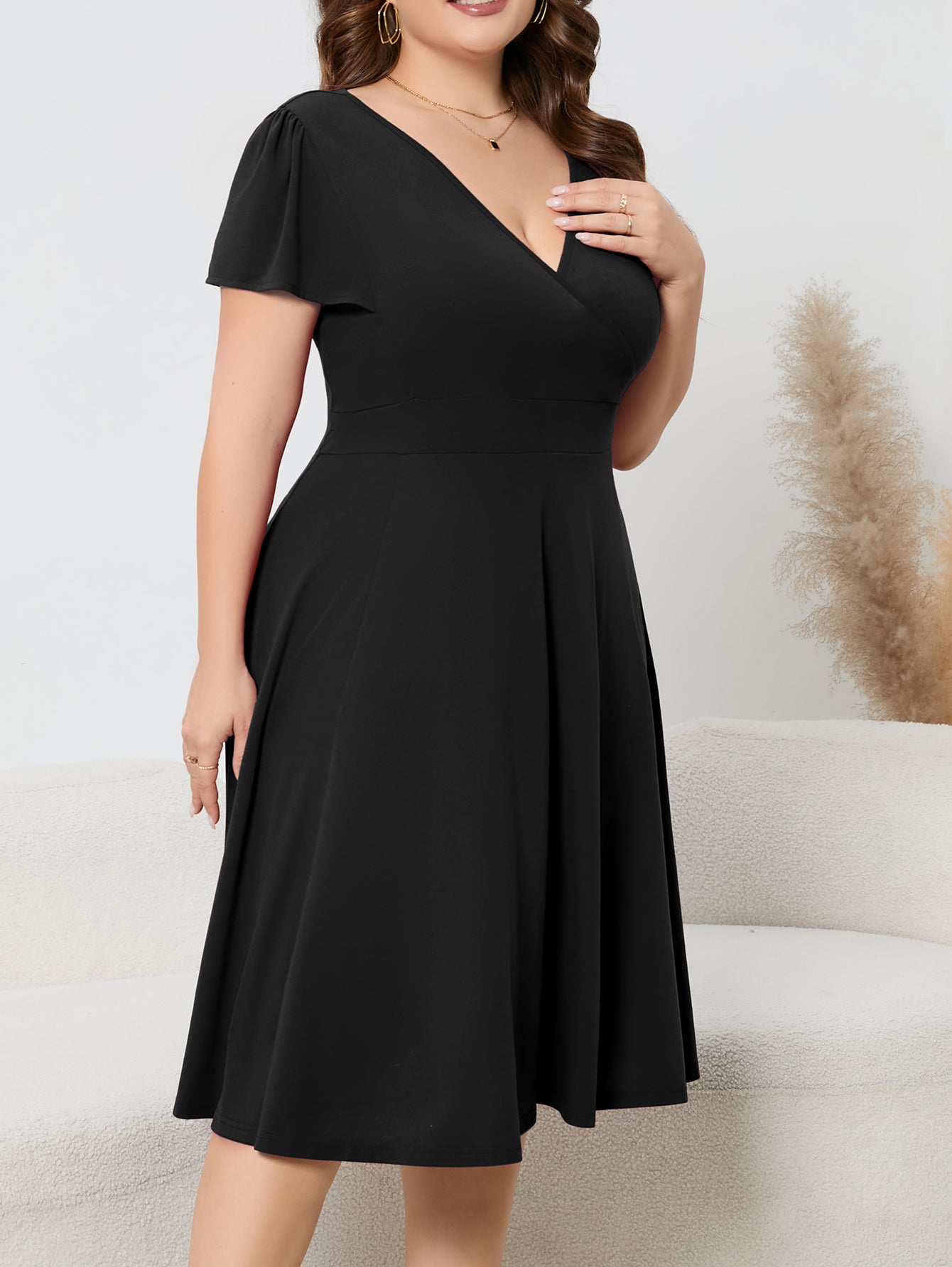 Women's Plus Size Solid Deep V-Neck Slim Waist Short Sleeve A-Line Elegant Dress 8