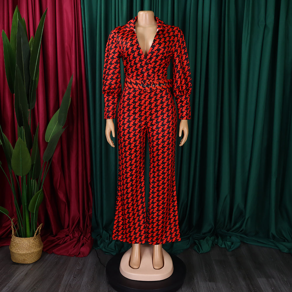 Women's Autumn and Winter V-neck Puff Sleeve Slim Waist Printed Wide Leg Plus Size African Jumpsuit 15