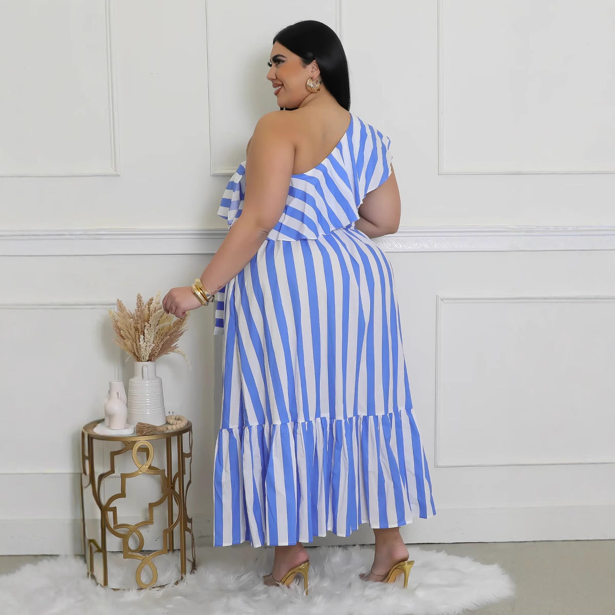 Women Striped Slash Shoulder Dress 7