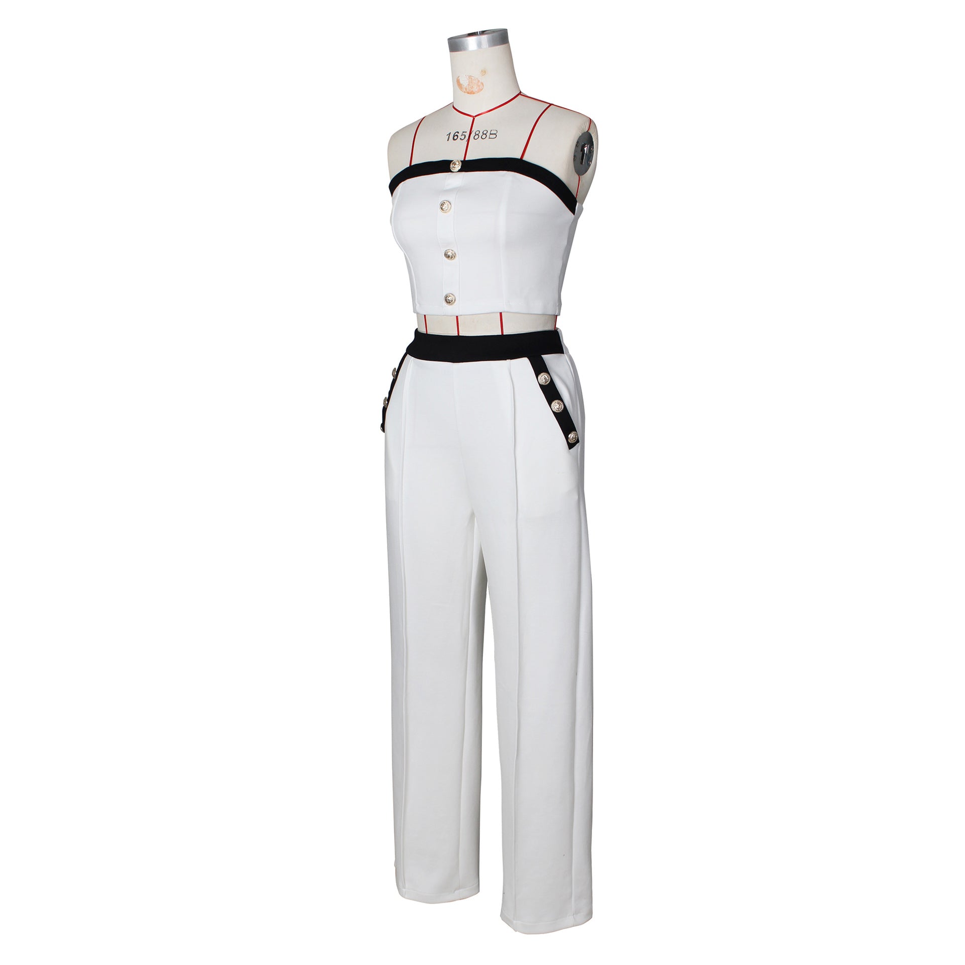 Sexy Color Blocked Decorative Button Straight High Waist Wide Leg Women's Pants Set 15