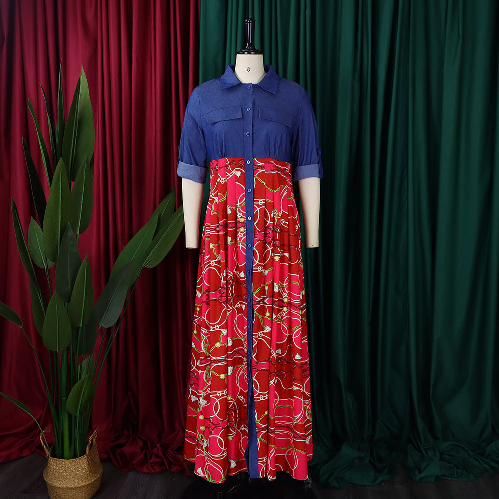 Plus Size Women Casual Denim Patchwork Print Shirt Dress 8