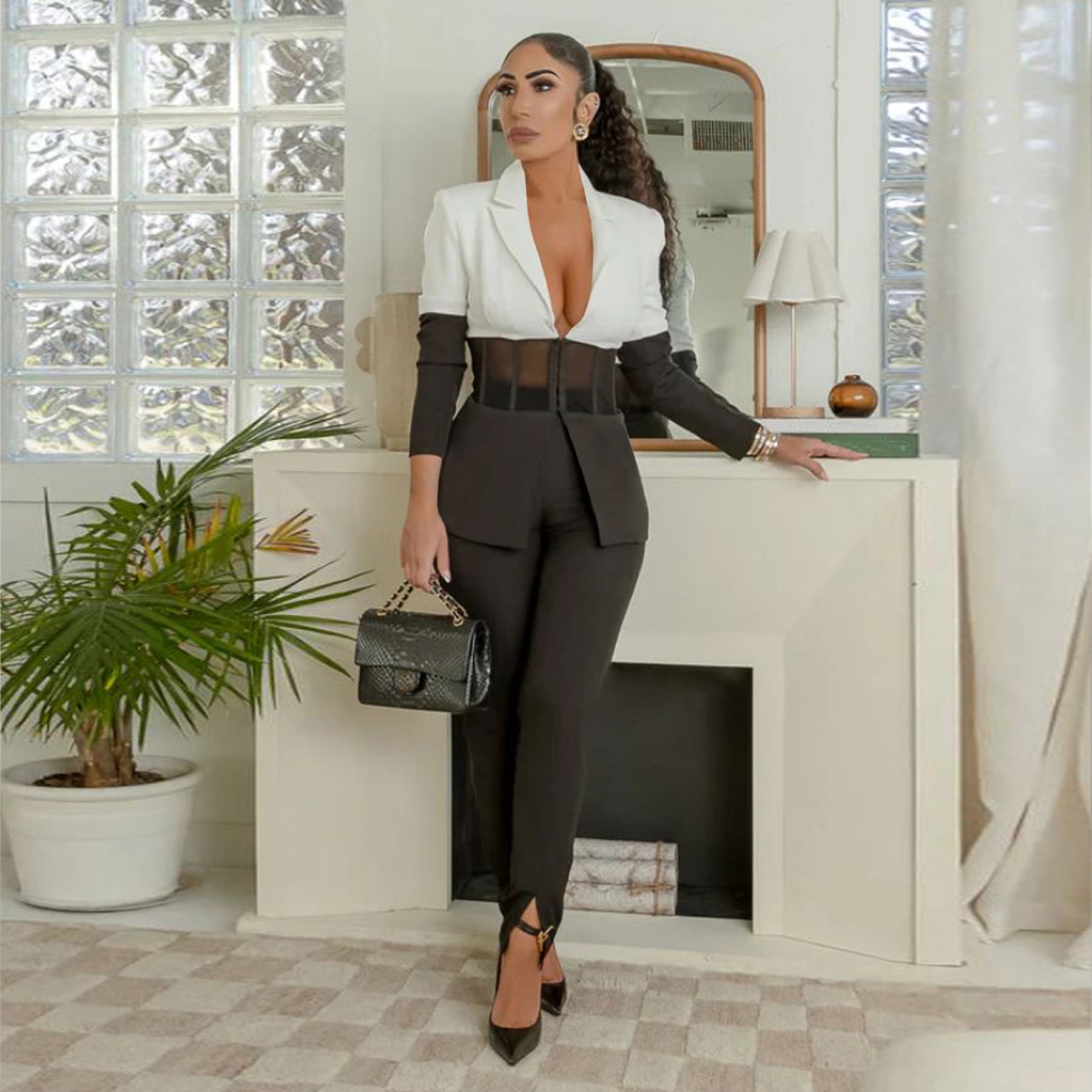 Women's Autumn Suit Contrast Patchwork Casual Two-piece Blazer pants set