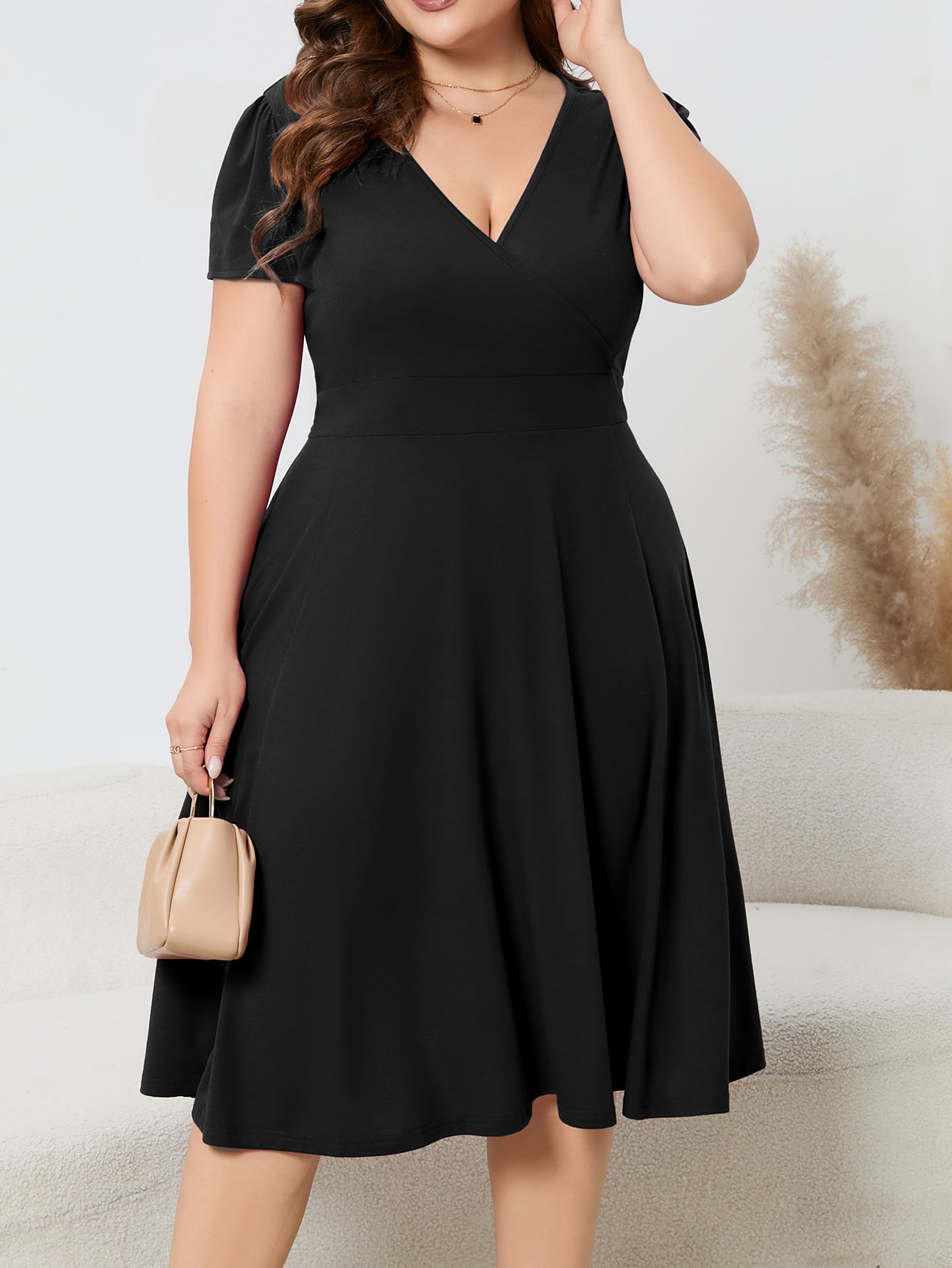 Women's Plus Size Solid Deep V-Neck Slim Waist Short Sleeve A-Line Elegant Dress 7