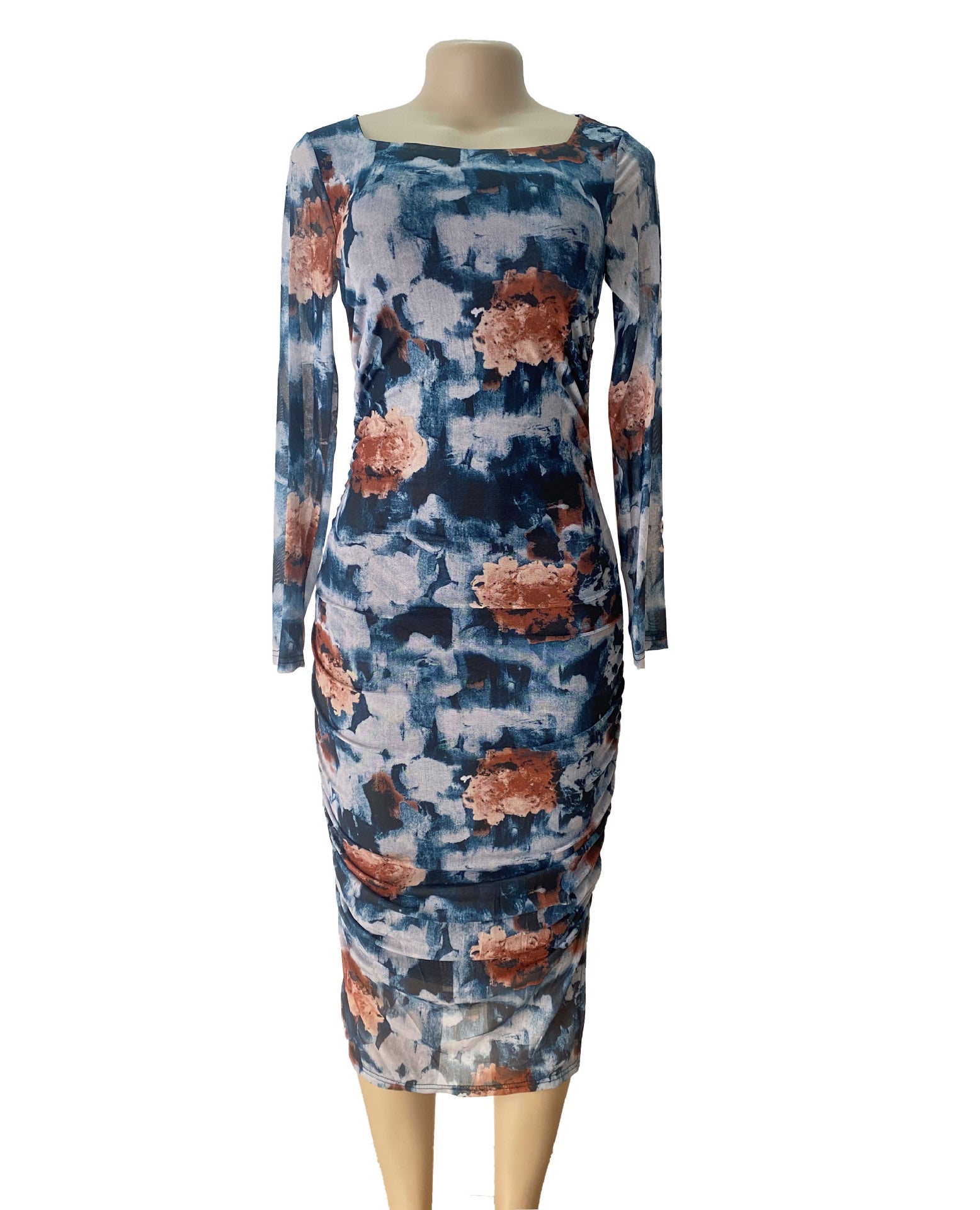 Women Mesh Print Retro Pleated Slit Bodycon Maxi Dress