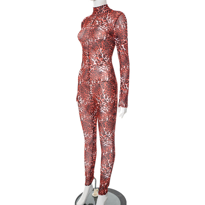 Women Leopard Print Mesh Half High Neck Large Backless Long Sleeve Jumpsuit 6