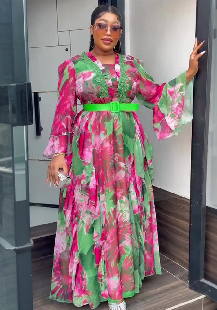 African Ruffled Printed Long DressFashionable Plus Size Wear for Women