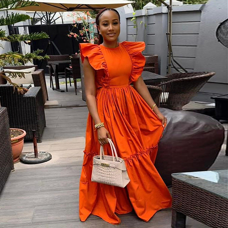 Women Summer Chic Ruffle Short Sleeve Round Neck Maxi Dress 5