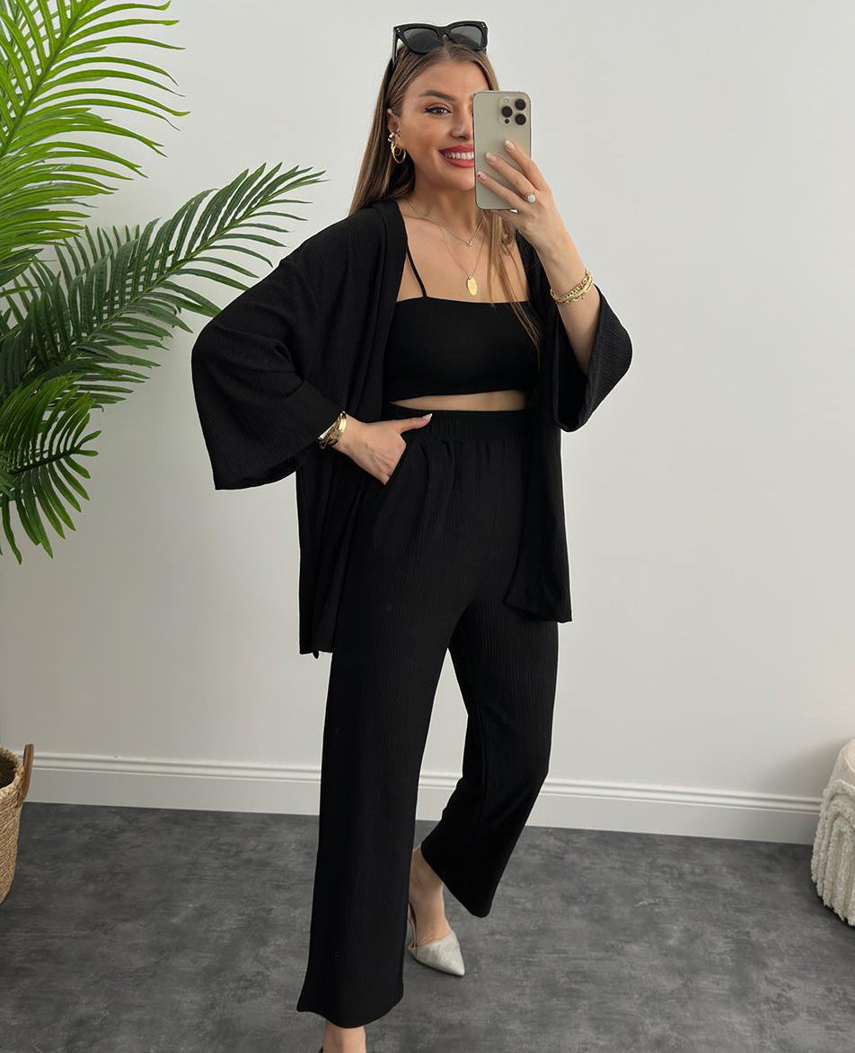 Women Solid long-sleeved shirt and pleated elastic waist trousers two-piece set 7