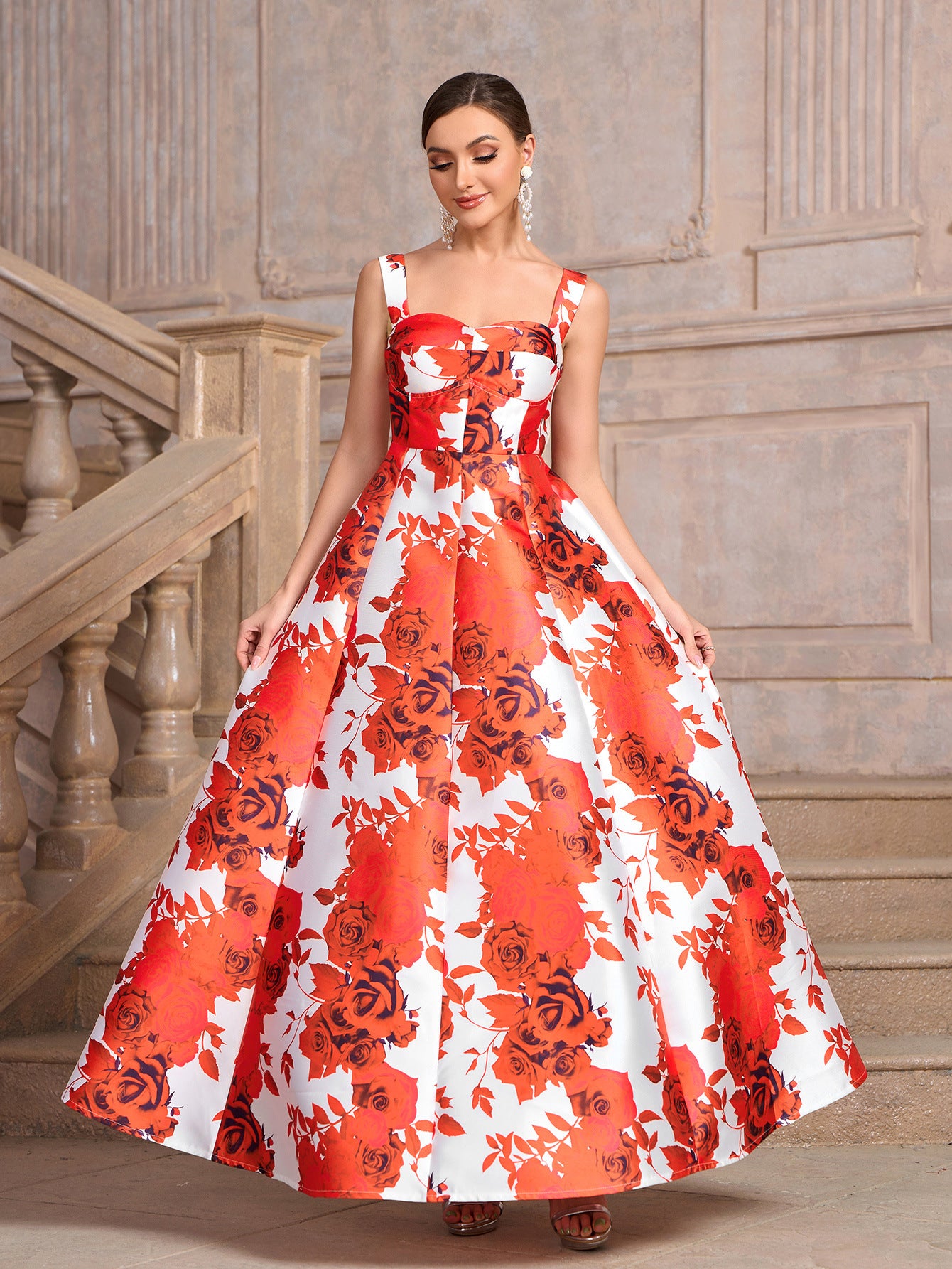 Women red square neck printed dinner dress