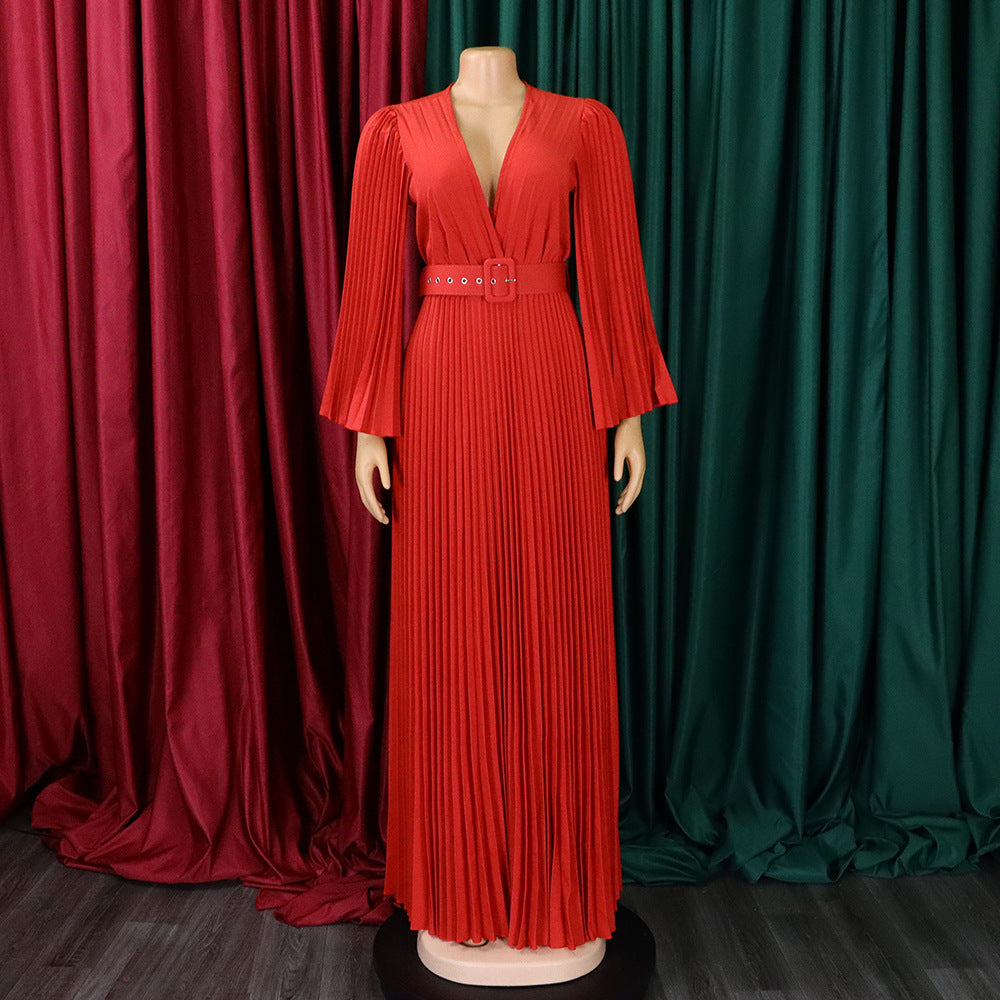 Elegant Women'S Solid Color V-Neck Sexy Pleated Long Dress Maxi Dress 22
