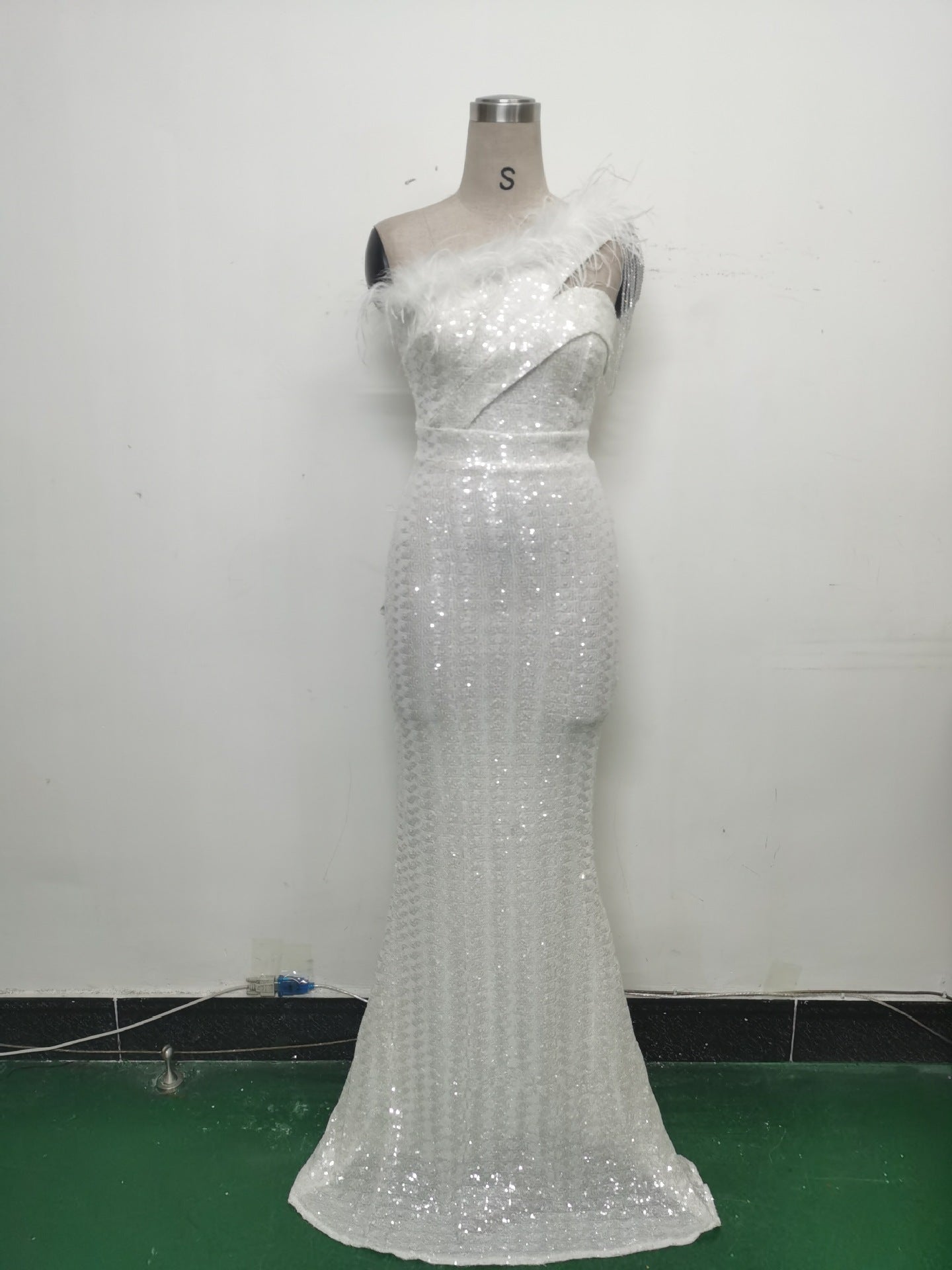 Women Ostrich Feather Beads Symphony Sequins Formal Party Evening Dress 7