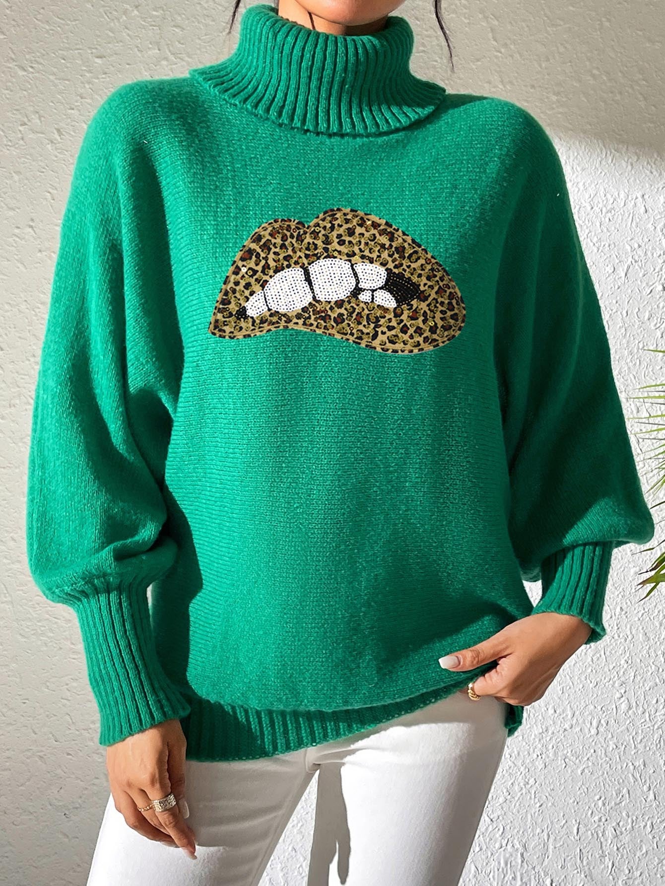 Autumn Winter Women's Sequin Lips Embroidery Turtleneck Pullover Sweater 16