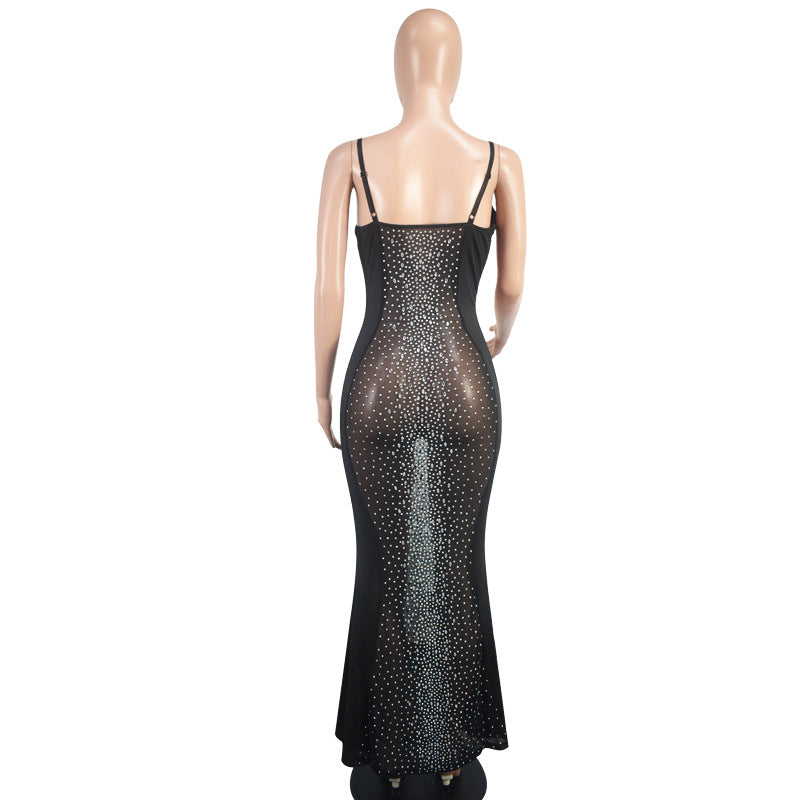 Women's Sexy See-Through Mesh Sleeveless Deep V Beaded Nightclub Party Dress 6