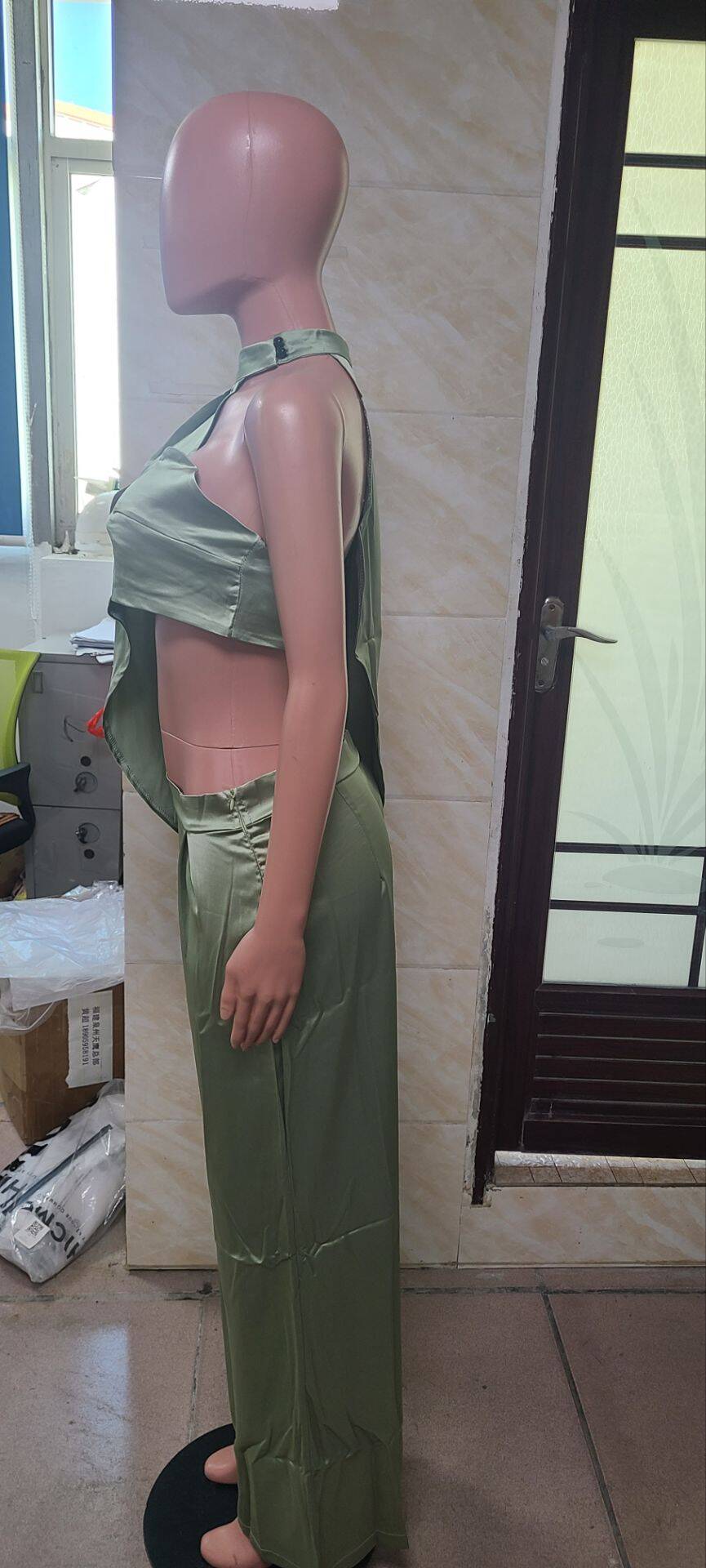 Women Elegant Halter Neck Slash Shoulder Strapless Sexy Crop Top and Wide Leg Pants Two-piece Set 11