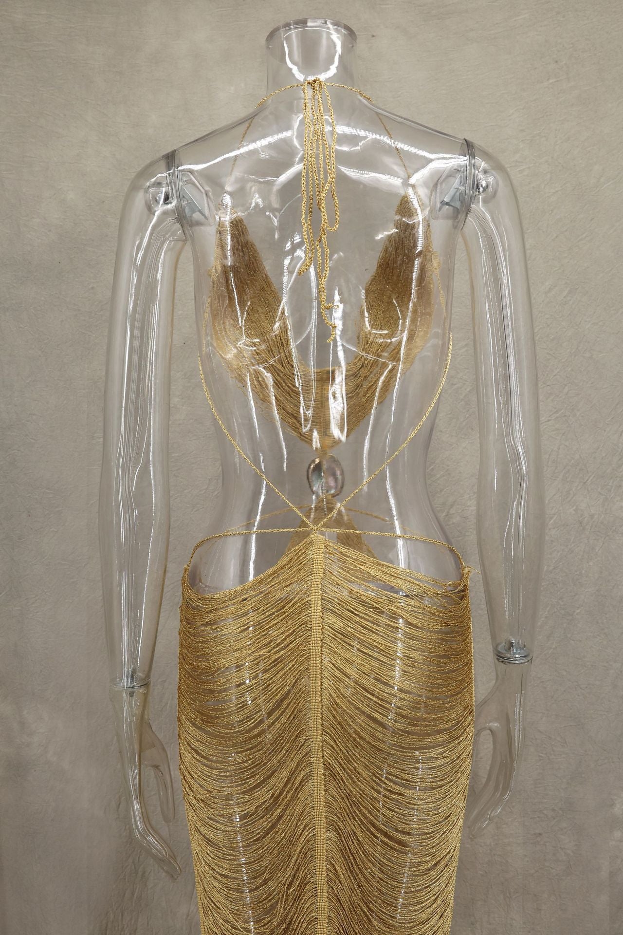 Spring Summer Fashion Shell Tassel Halter Neck Lace Up Sexy Slimming Adjustable Long Dress 16