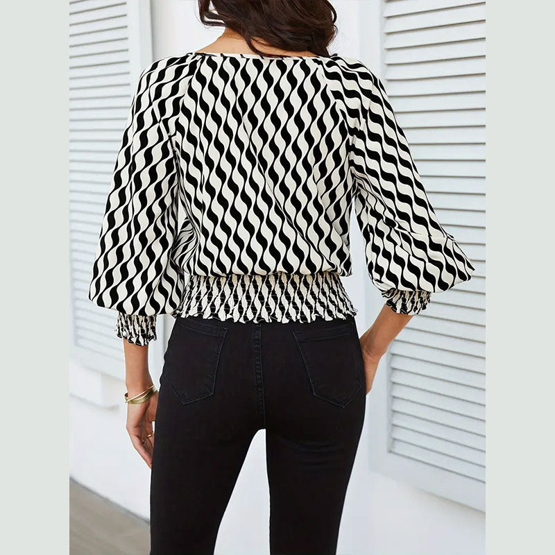 Spring Women's Lantern Sleeve Top & Slim Waist Contrast Print Long Sleeve T-Shirt 9