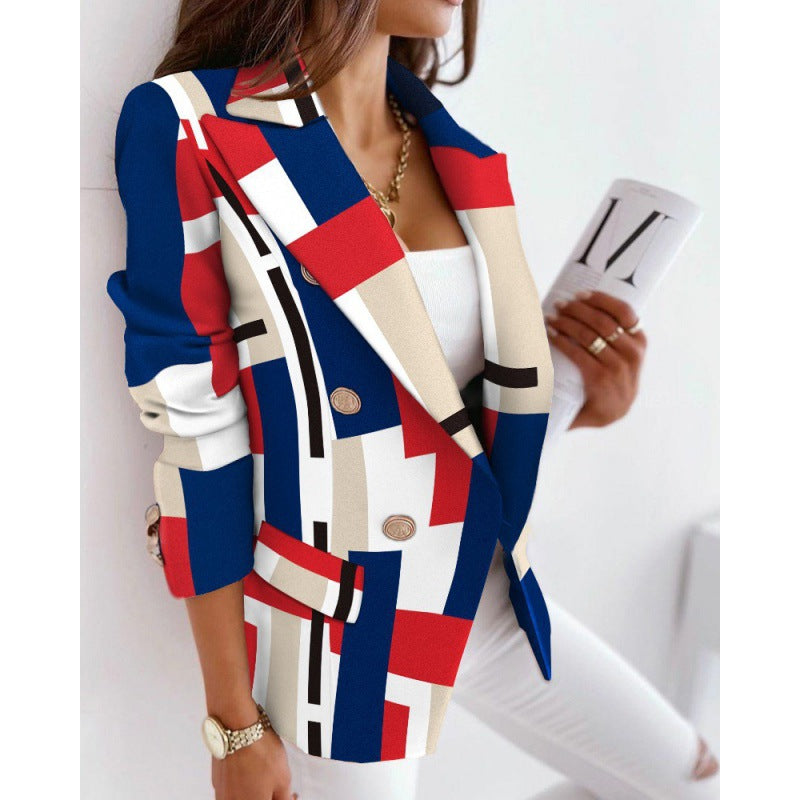 Women Autumn and Winter Long Sleeve Double-Breasted Printed Suit 6