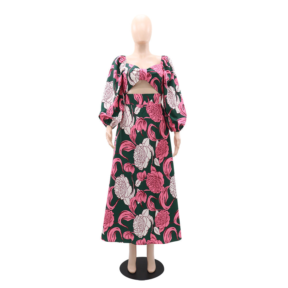 Women's Square Neck Bow Hollow Design Bubble Long Sleeve Chic Long Dress 3