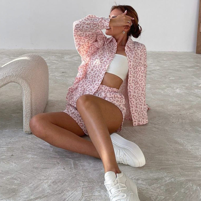 pink leopard print fashion long-sleeved shrit shorts two piece set 5