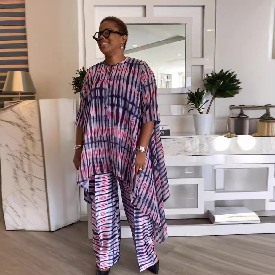 Women printed irregular Top and wide-leg Pant two-piece set 5