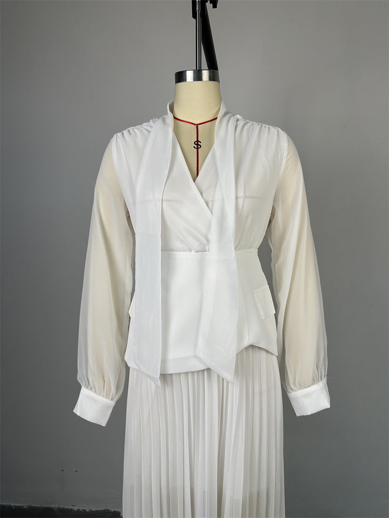 Women lace-up irregular pleated dress girdle two-piece set 9