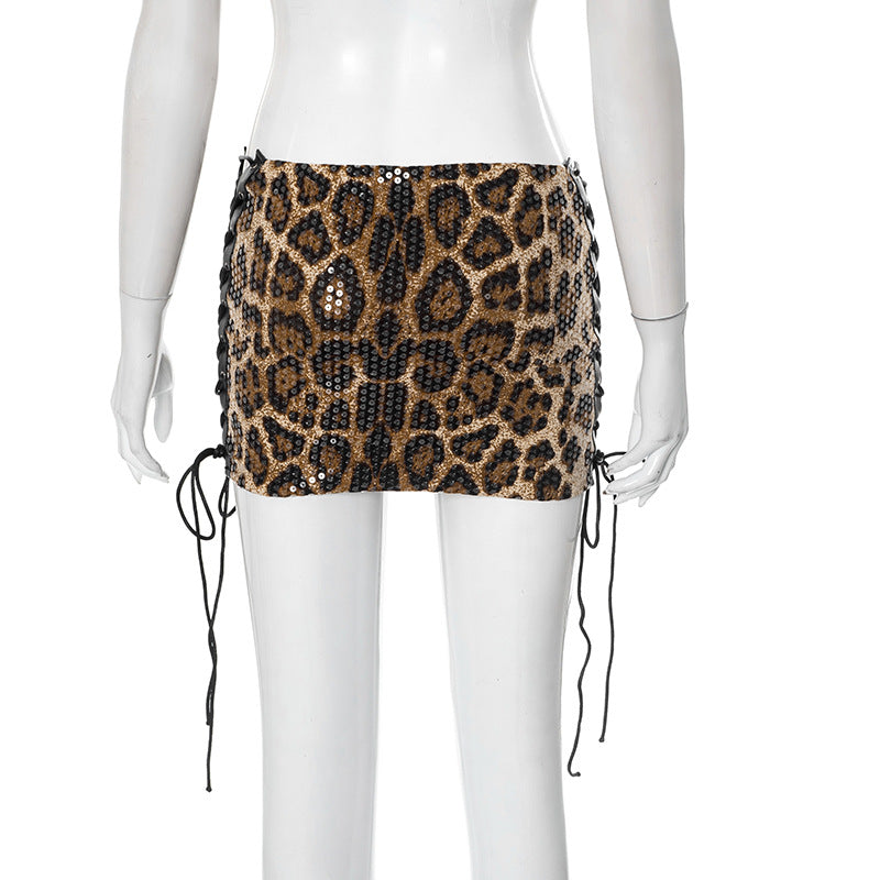 Women's spring and summer leopard print sequin low waist hollow slit Lace-Up skirt 6
