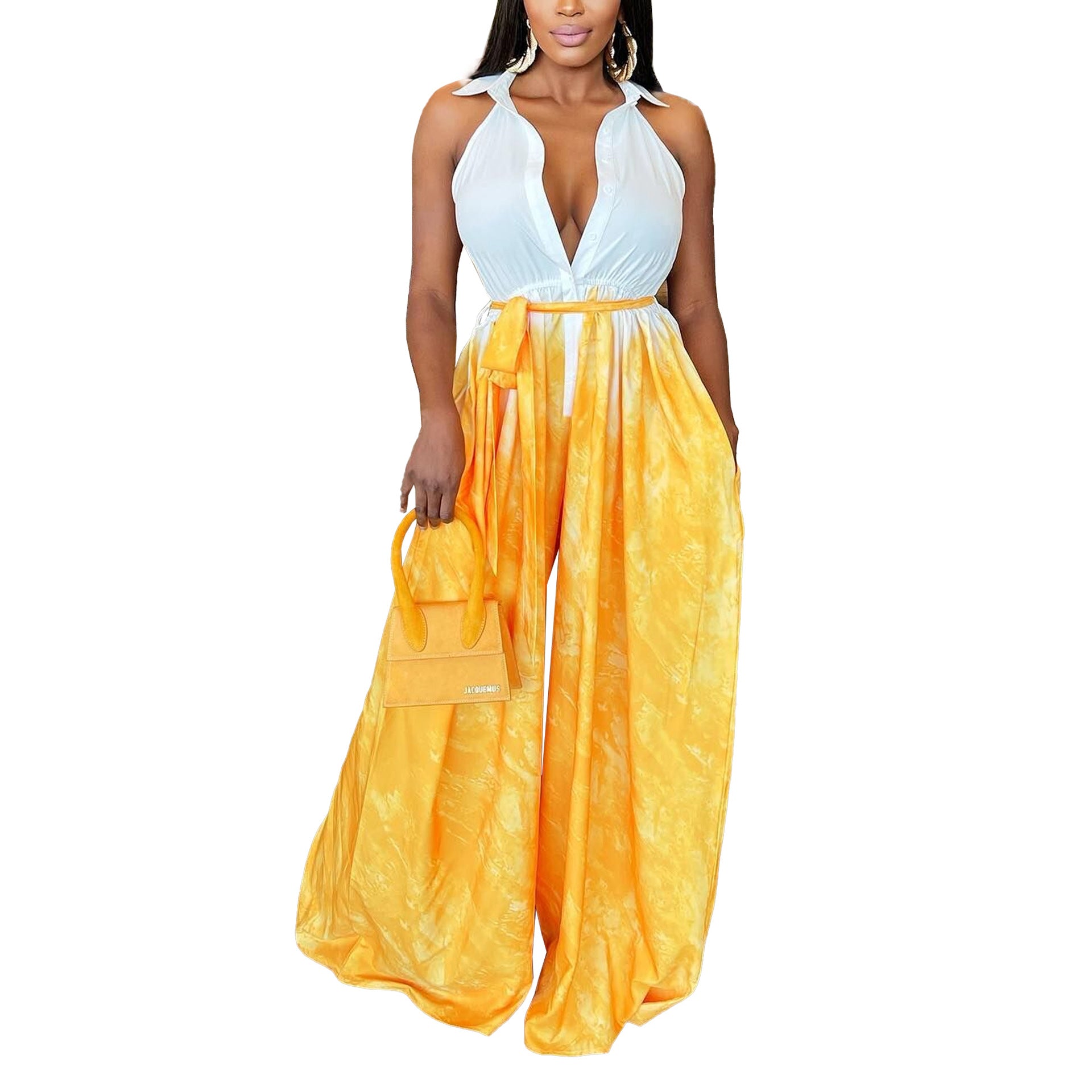 Women Sexy Print Shirt Collar Wide Leg Lace-Up Jumpsuit 8