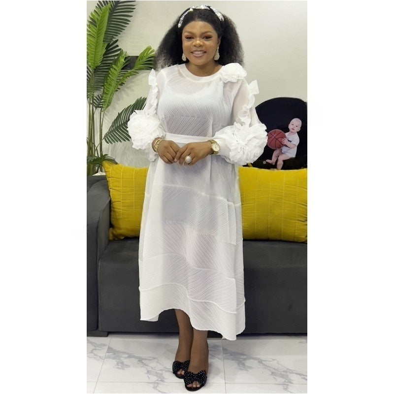 African Plus-Size Elegant Flower Pleated Long Dress 13