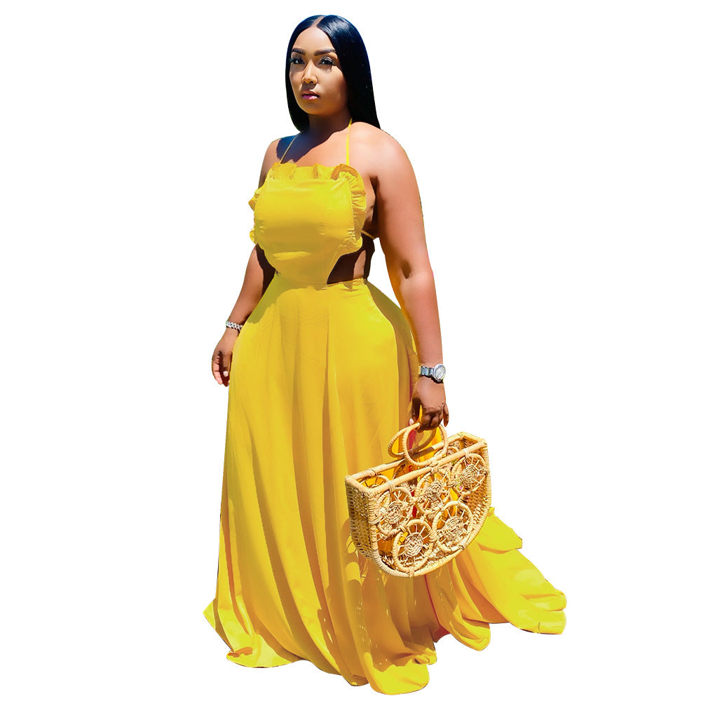 Sleeveless Halter Neck Ruffle Dress Sexy Solid Low Back Maxi Dress 3