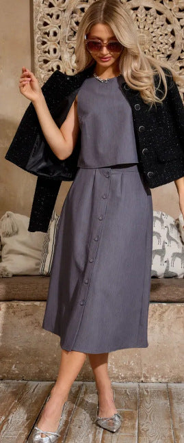 Women Casual Solid Round Neck Top and Skirt Two Piece Set 20