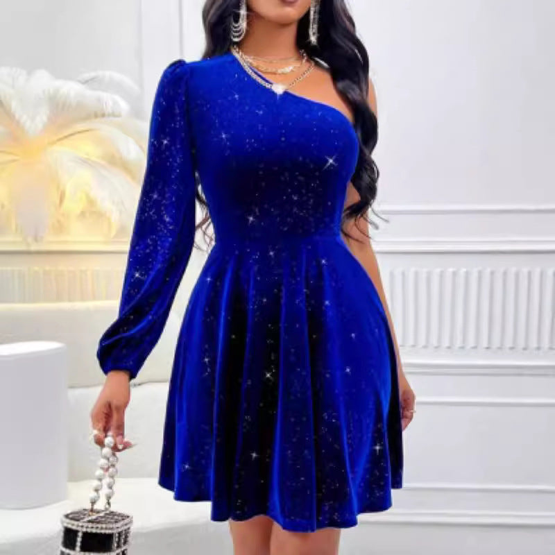 Sexy Irregular Style One Shoulder Long Sleeve Royal Blue Velvet A-Line Dress 3