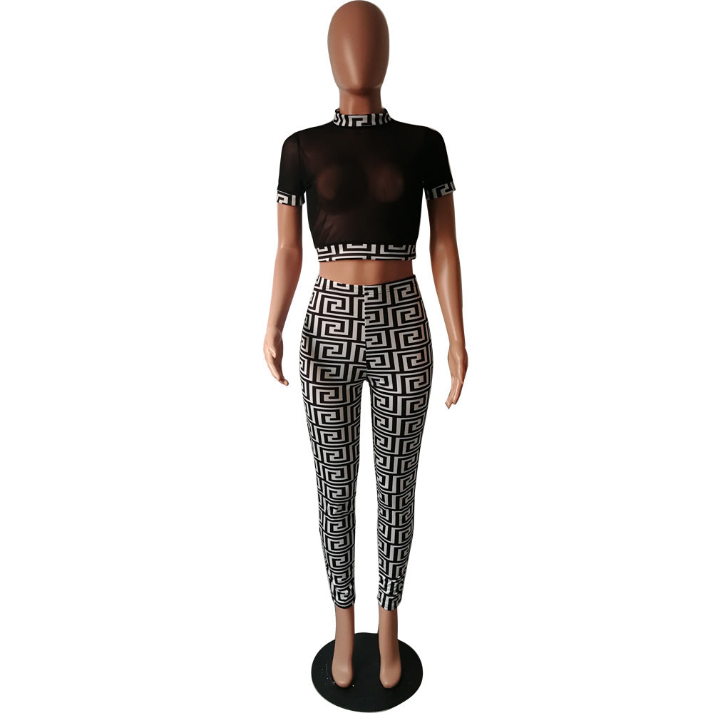 Women summer sexy mesh See-Through Top and Pant two-piece set 16