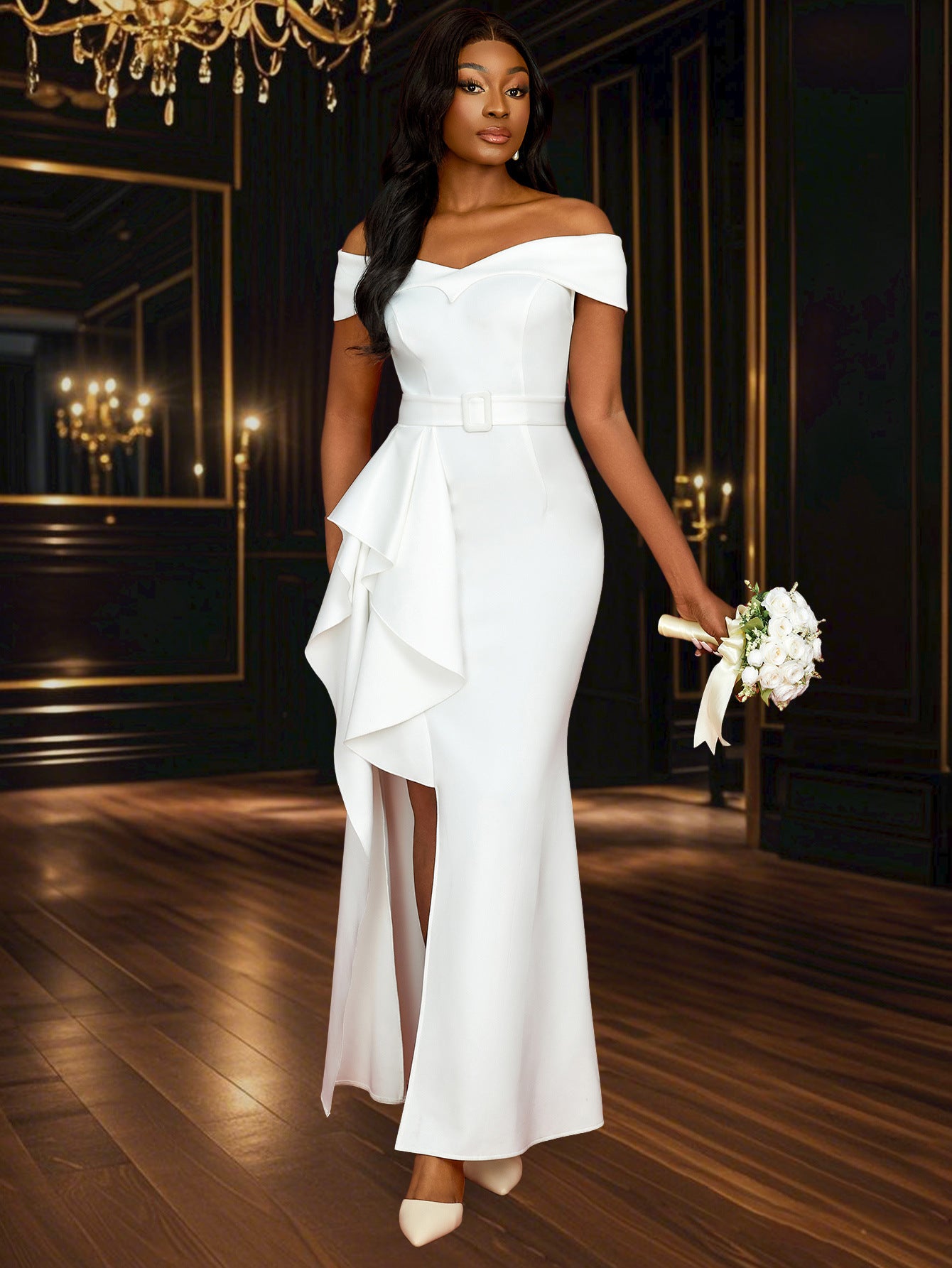 Sexy V-Neck Off-Shoulder Ruffle Slim Elegant Bridesmaid Dress 12