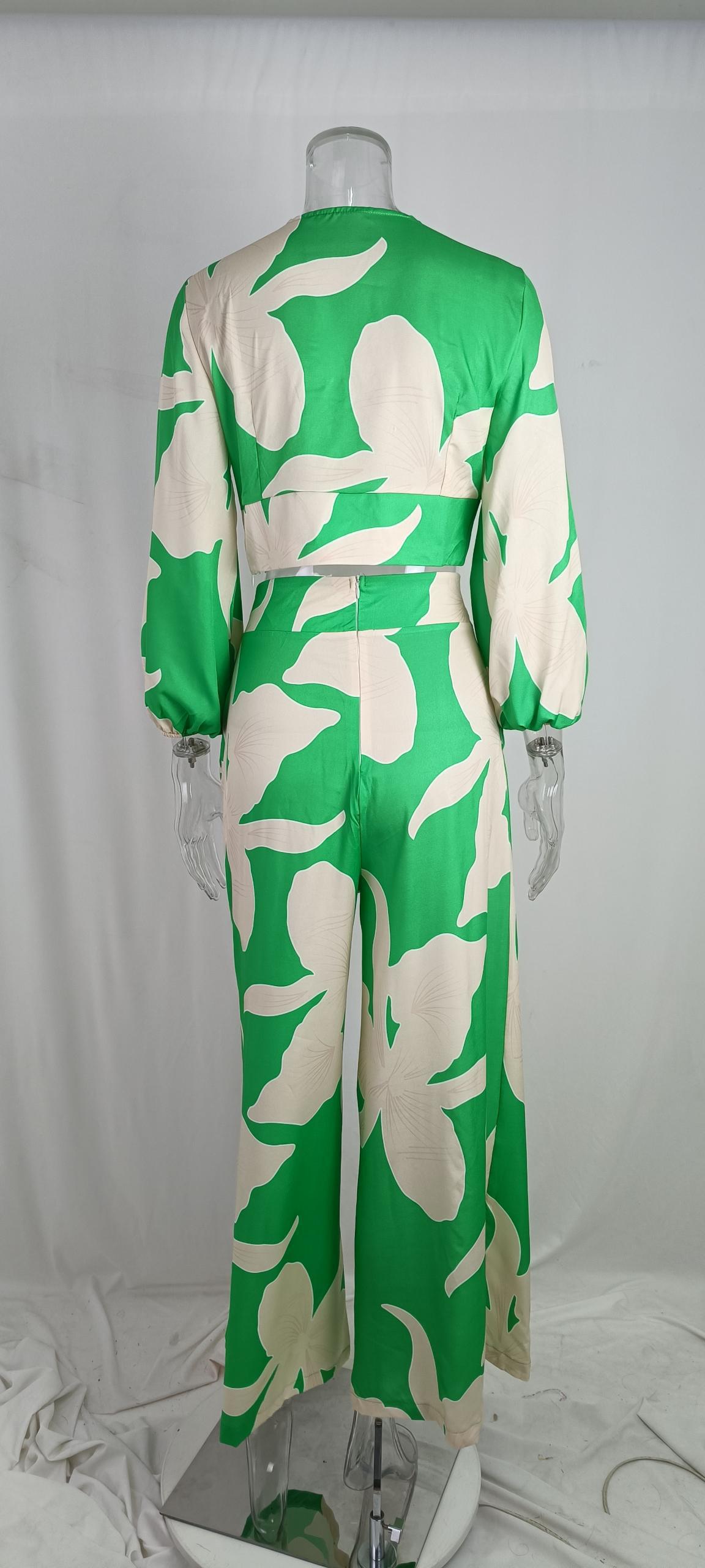 Women v-neck lantern sleeve short top and wide-leg pants two-piece set 27