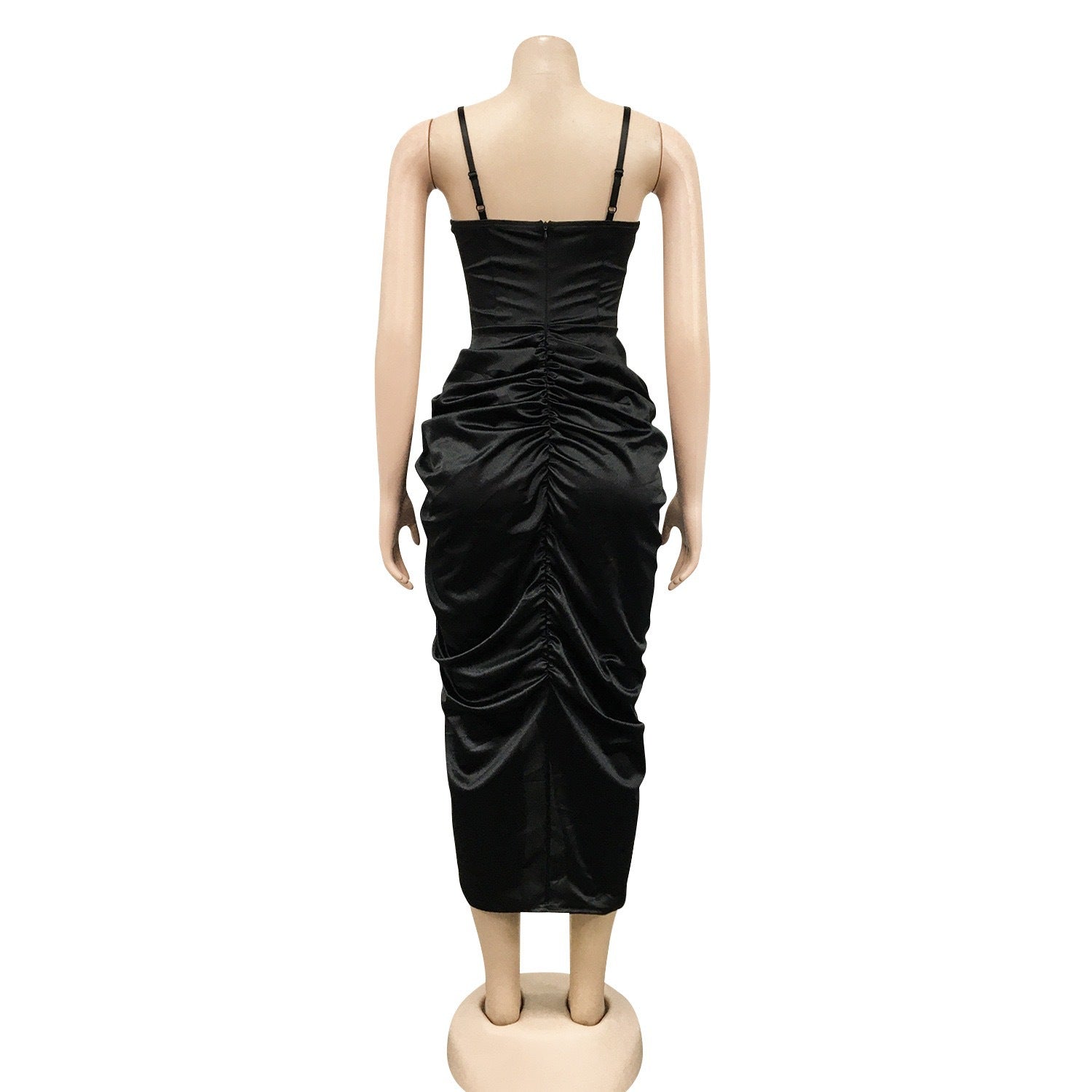 Women sexy split backless bodycon pleated solid strap dress 7