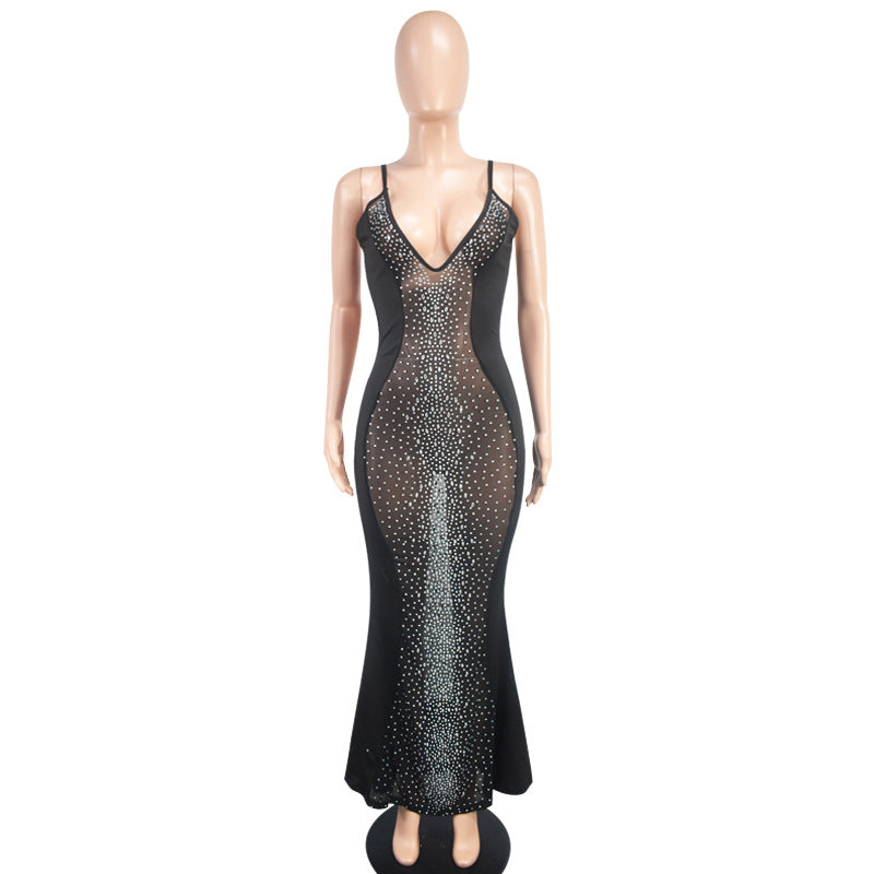 Women's Sexy See-Through Mesh Sleeveless Deep V Beaded Nightclub Party Dress 7