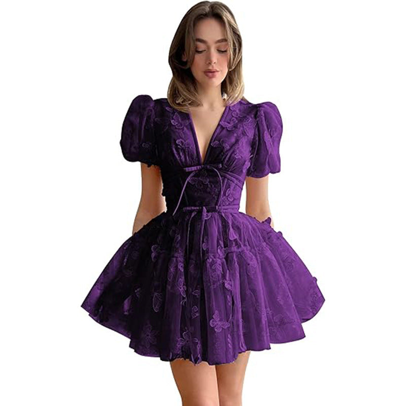 Women bridesmaid dress with flower V-neck short-sleeved dress 22